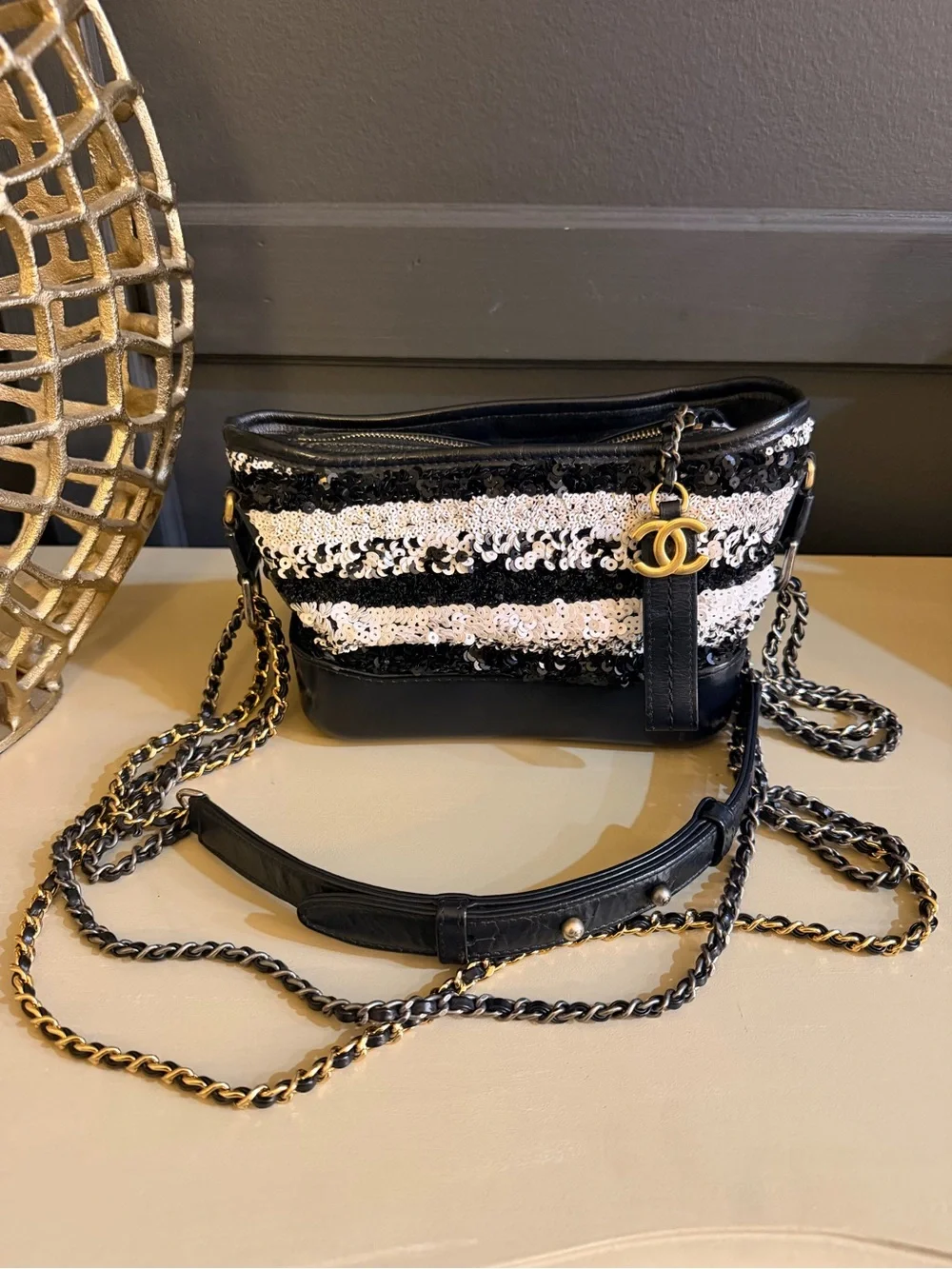 Chanel Gabrielle Hobo Sequin Stripe Black & White Crossbody | Authentic with COA